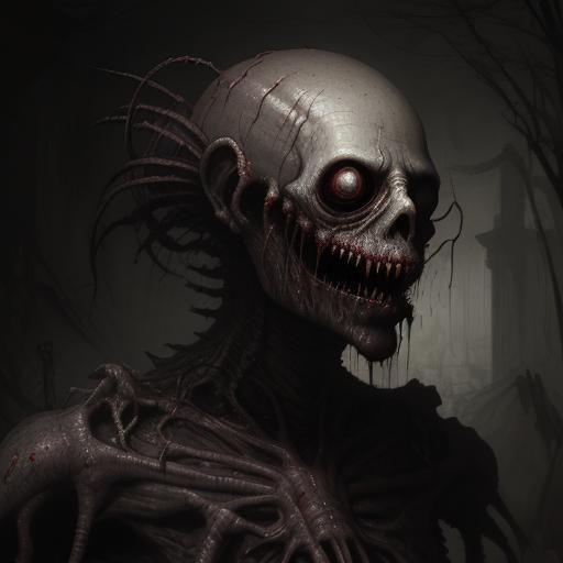 Horror Maggot Face in Etching Style