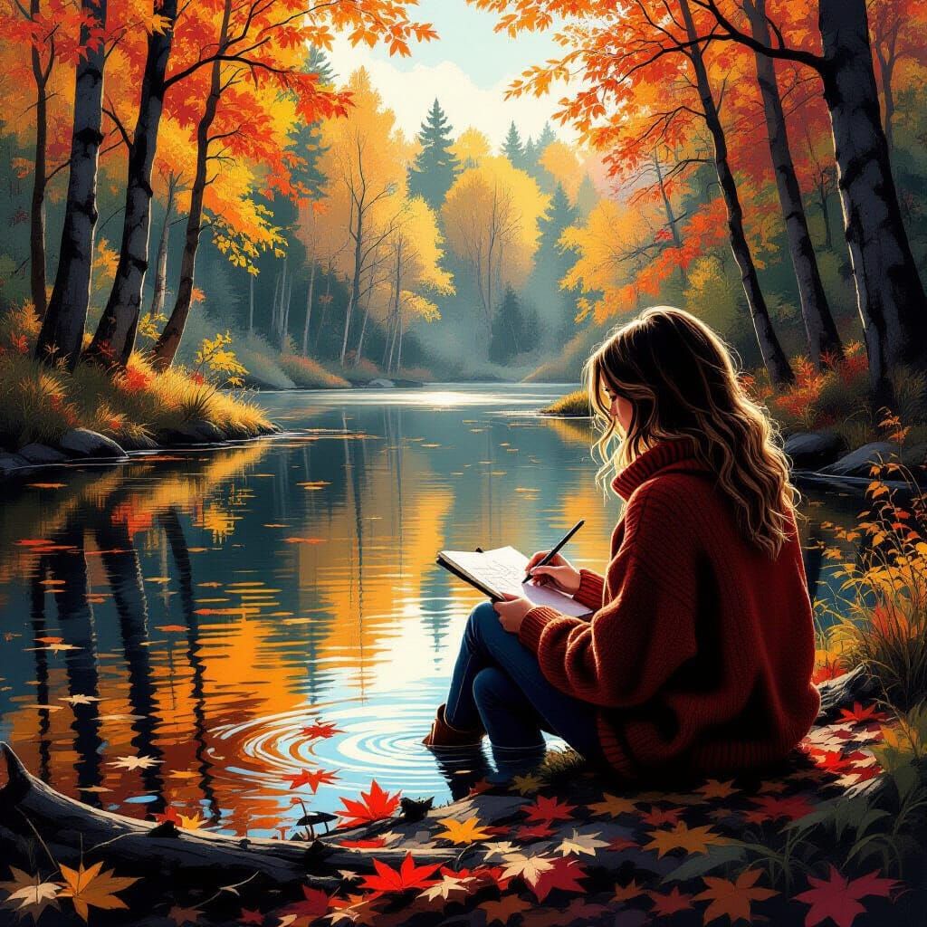 Autumn Forest Pond Reflection with Artist Sketching