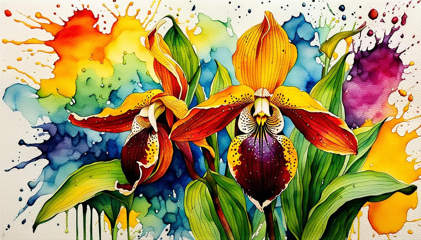 Watercolor Cypripedium Calceolus in Full Bloom