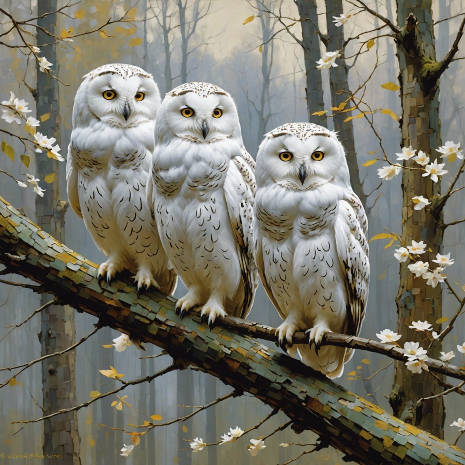 Three Owls on Branch, Abstract Landscape Art