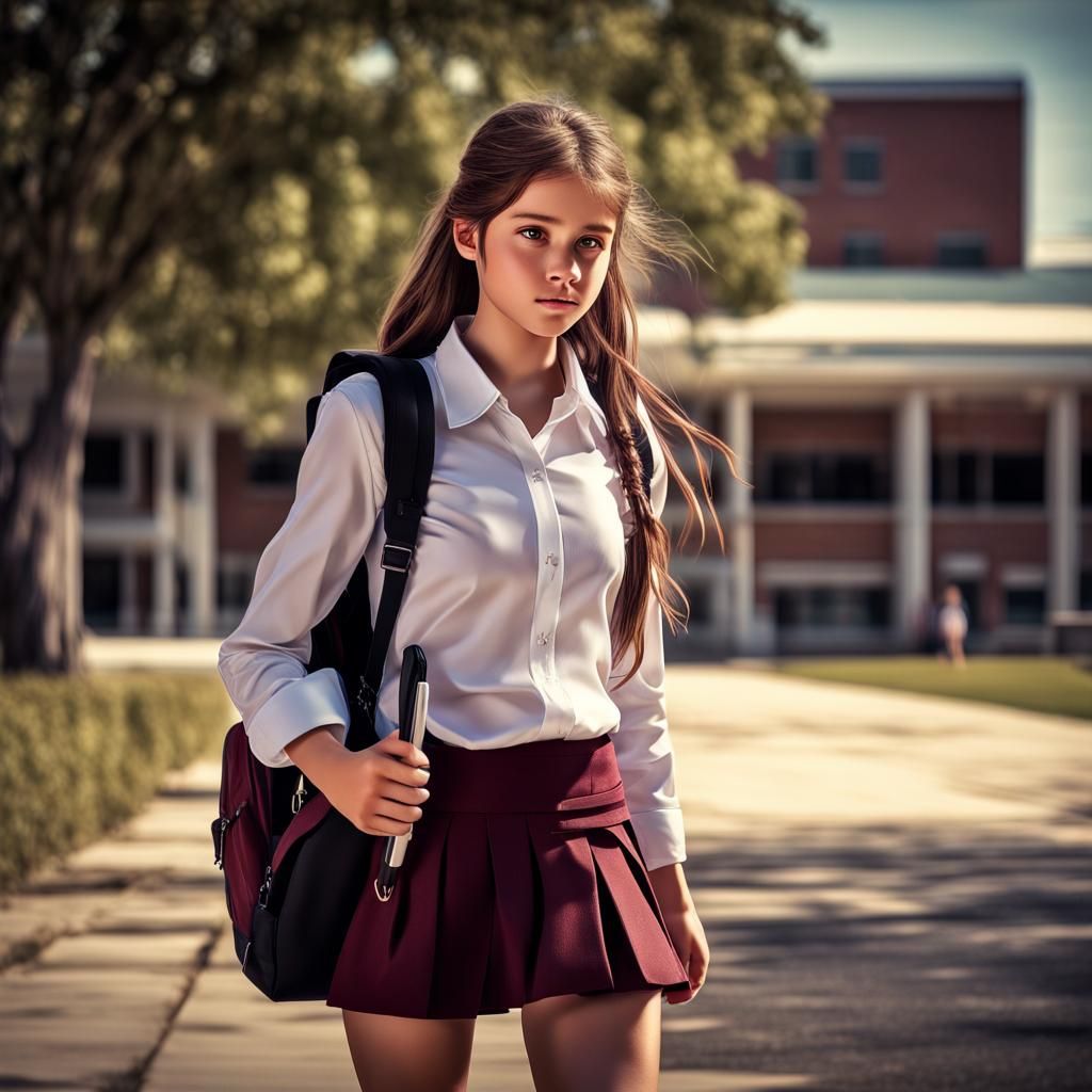 Girl Leaving School with Backpack and Phone