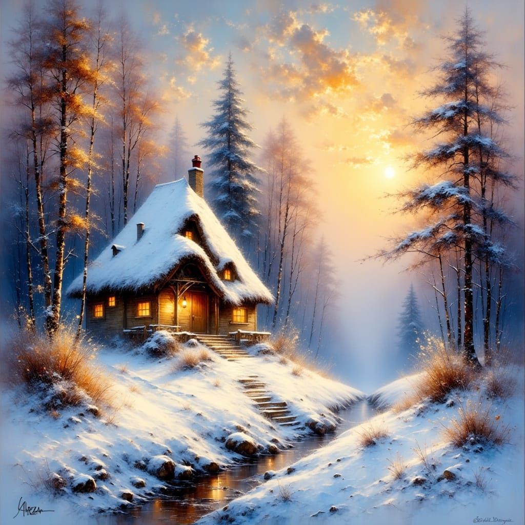 Cozy Snow-Covered Cottage at Sunset Oil Painting