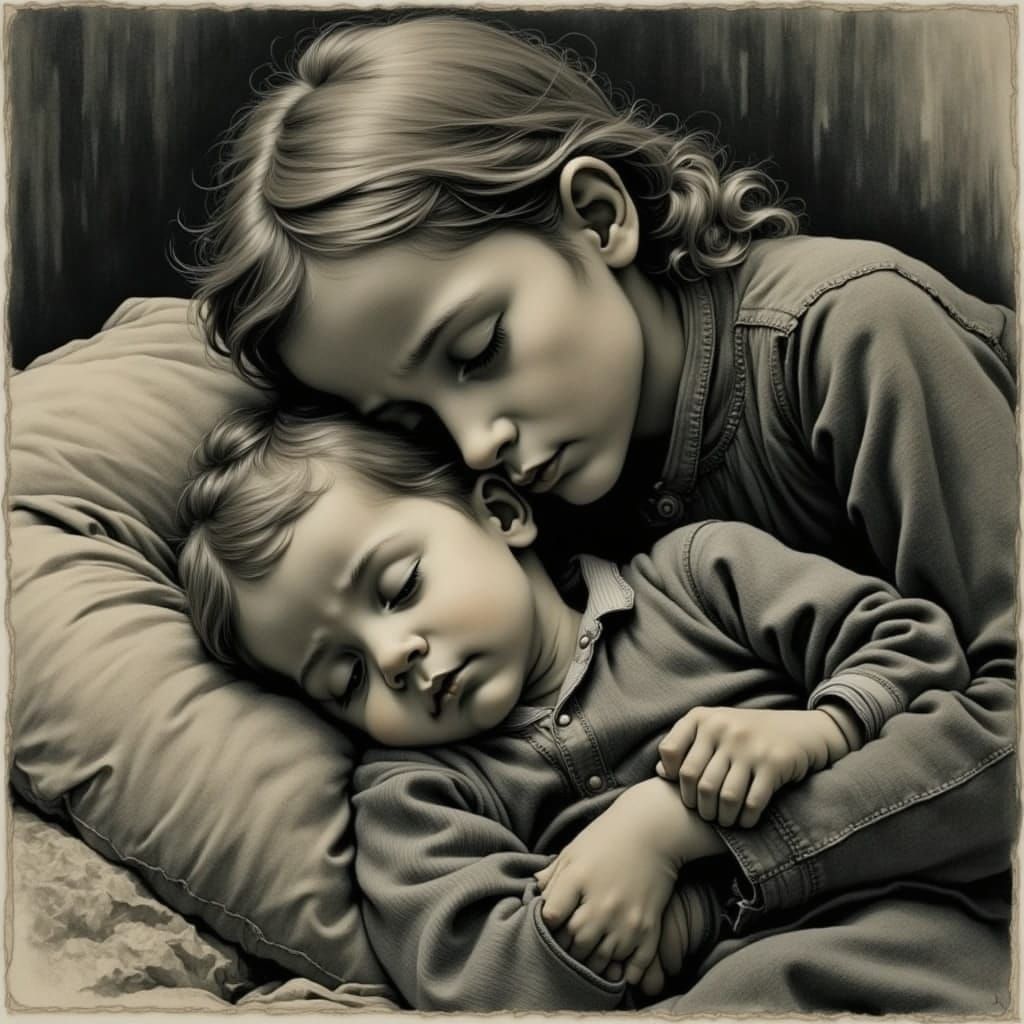 Motherly Love in Charcoal Hyperrealism
