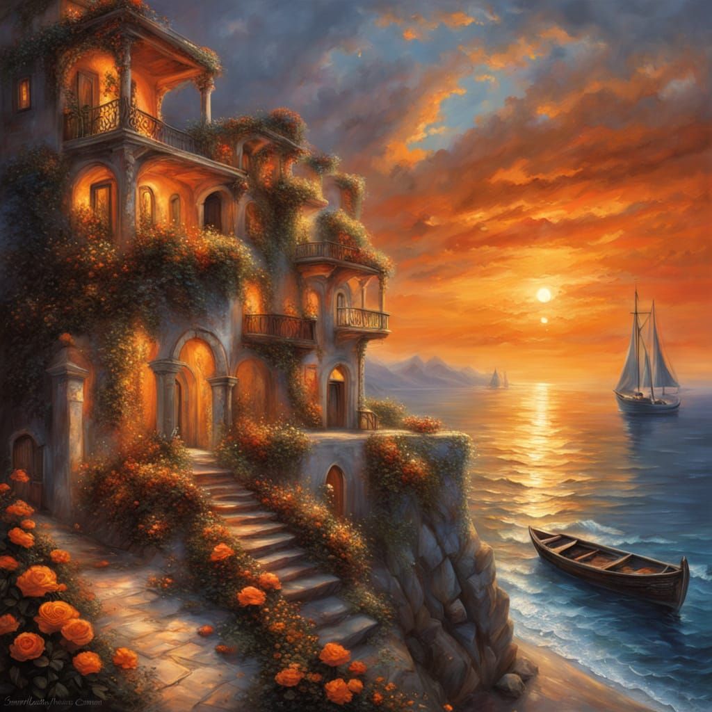 Mediterranean Seaside Village at Sunset, Impressionist Paint...