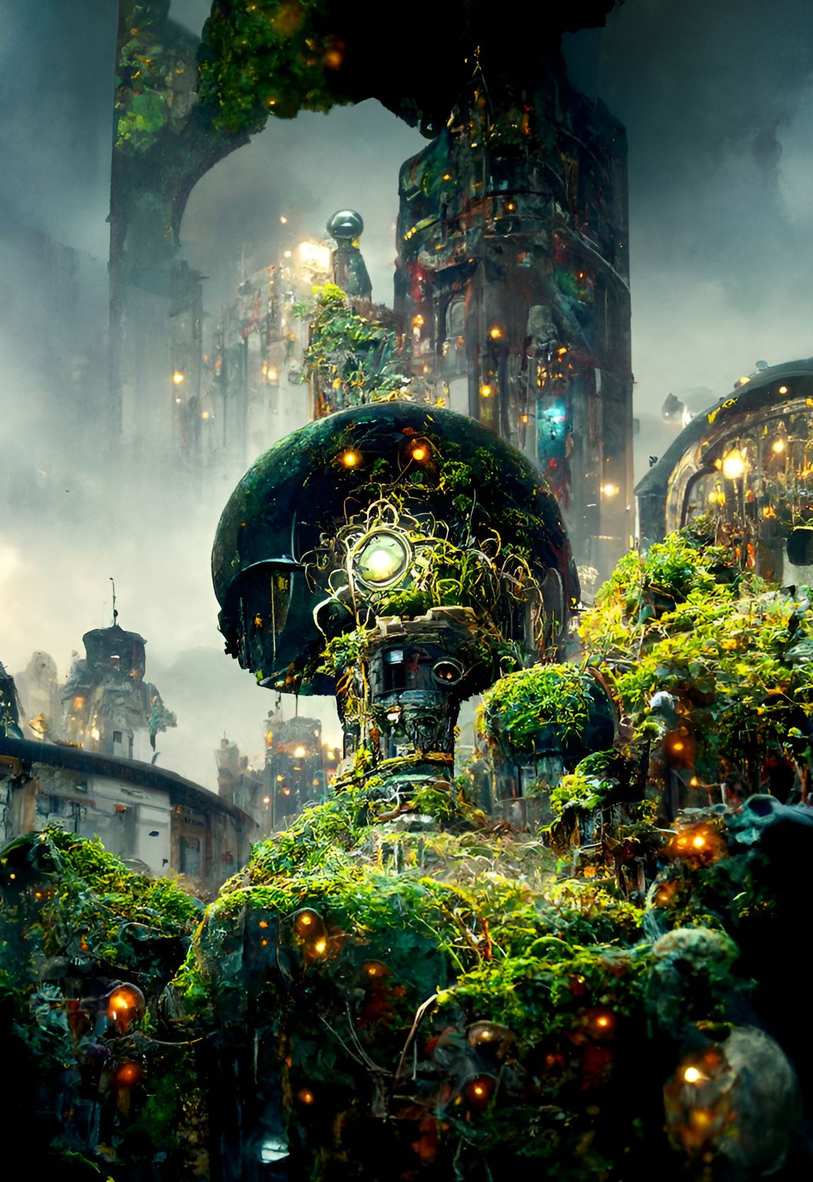 Dieselpunk Moss Golem in Sci-Fi Cityscape