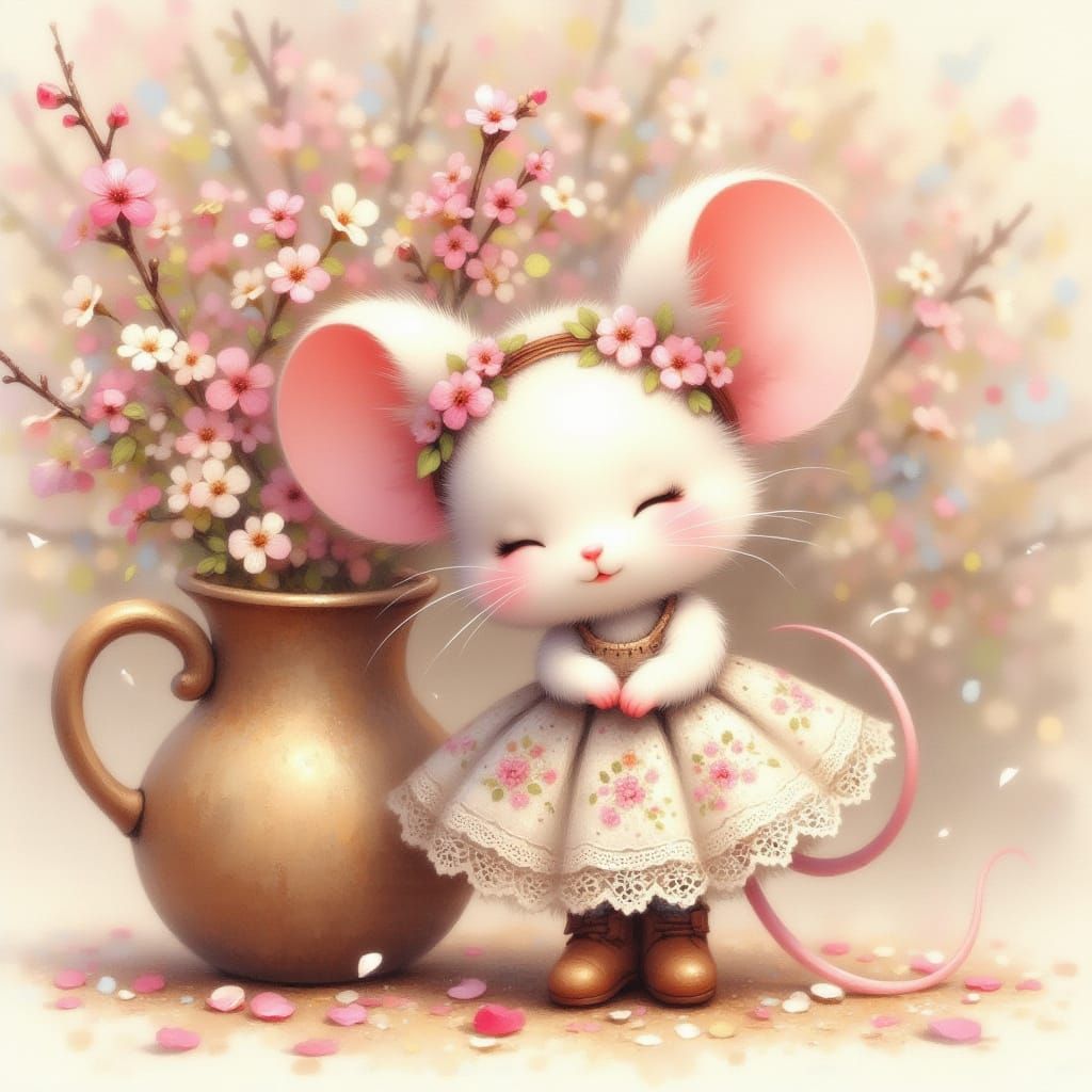 Storybook Mouse Beside Cherry Blossoms in Gentle Painterly S...