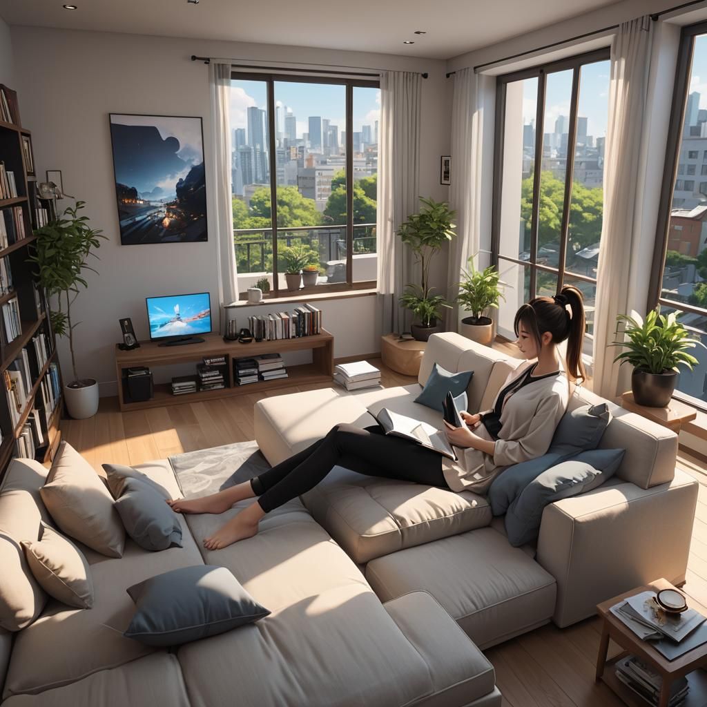 Girl Reading on Sofa: Detailed 3D Anime Art