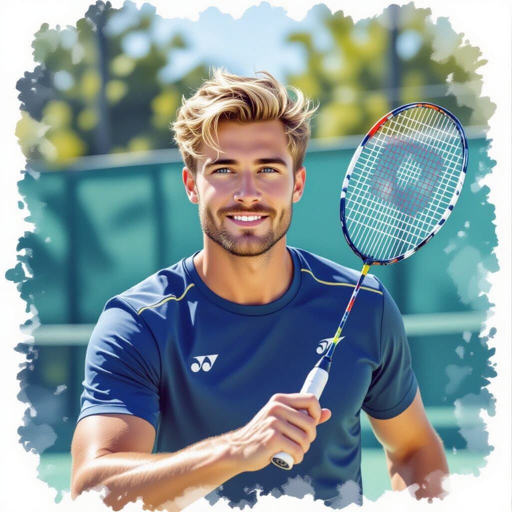 Handsome Man Playing Badminton: Photorealistic Watercolor