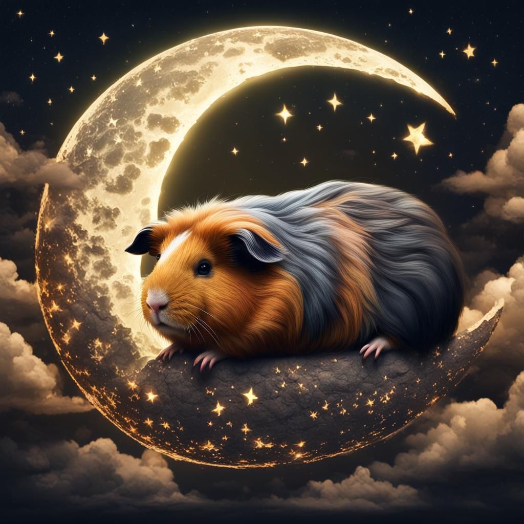 Guinea Pig Dreams on Crescent Moon: Digital Painting