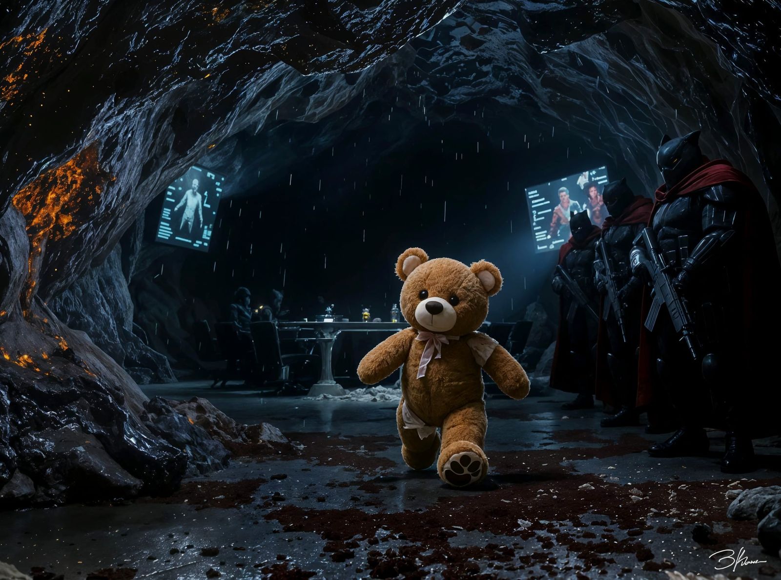 Teddy Bear Interrupts Villain Meeting in Cave