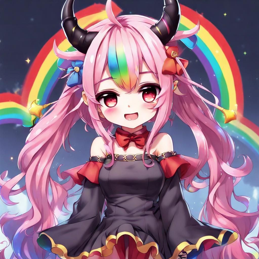 Rainbow Haired Devil Girl in Anime Style