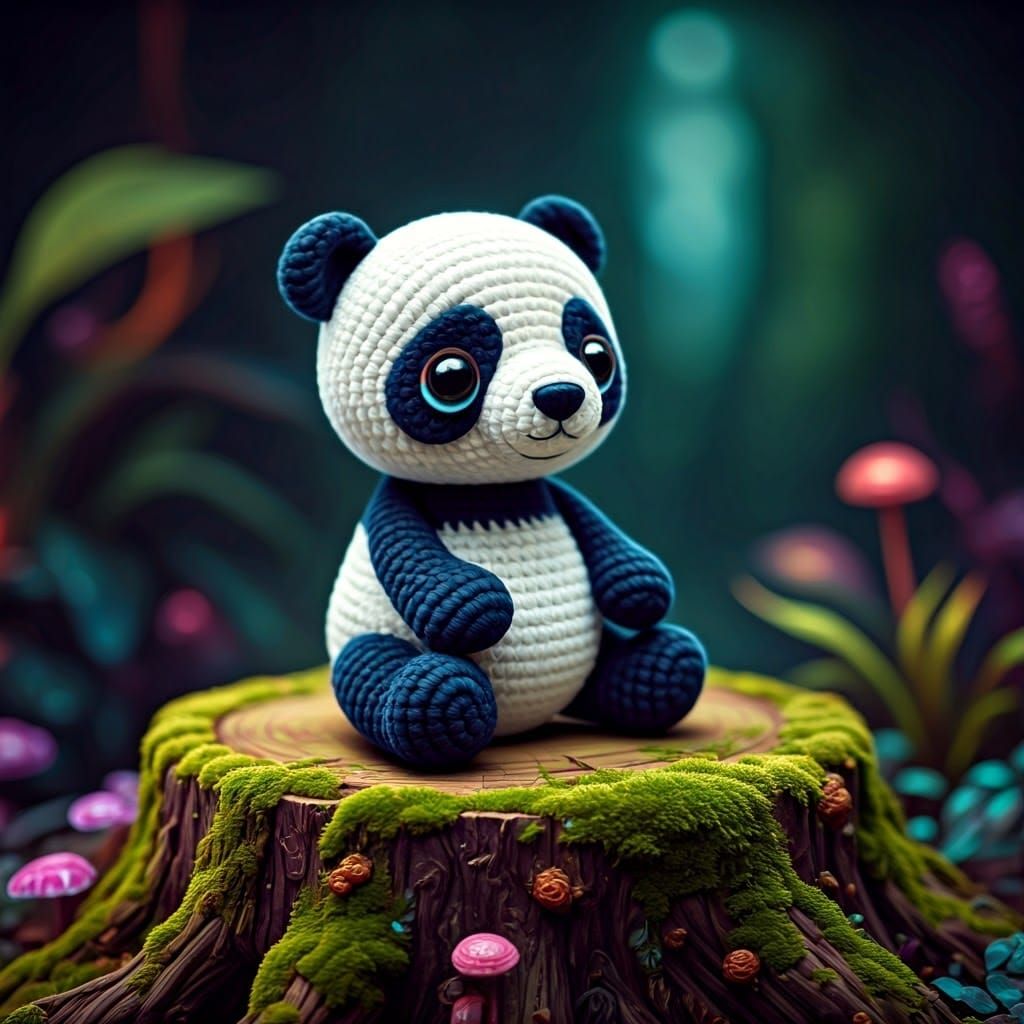 Adorable Crochet Panda in Glowing Forest