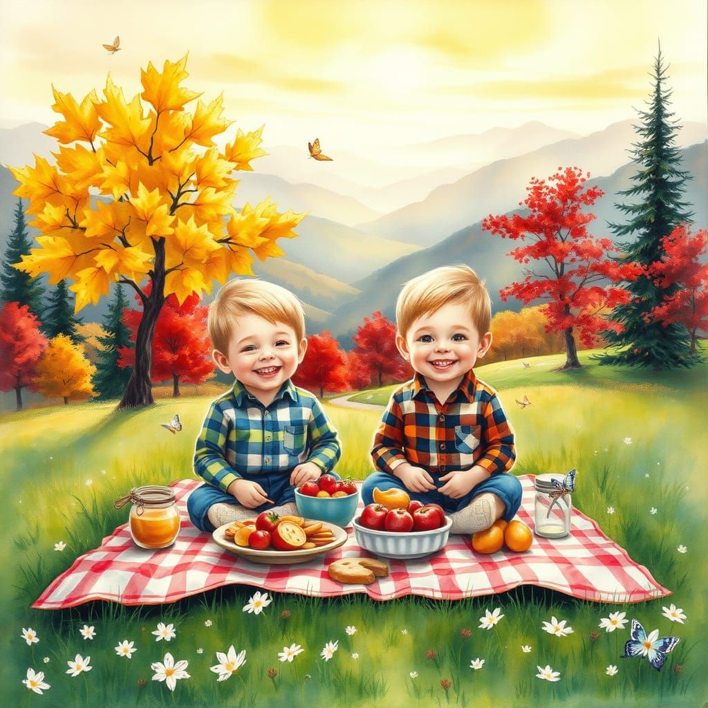 Whimsical Watercolor Scene of Twin Boys on a Picnic