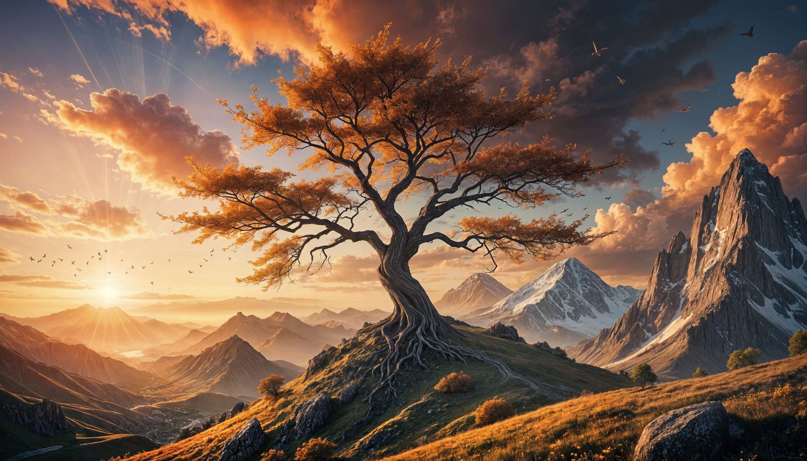 Surreal Spring Landscape with Breathtaking Sunset and Tree