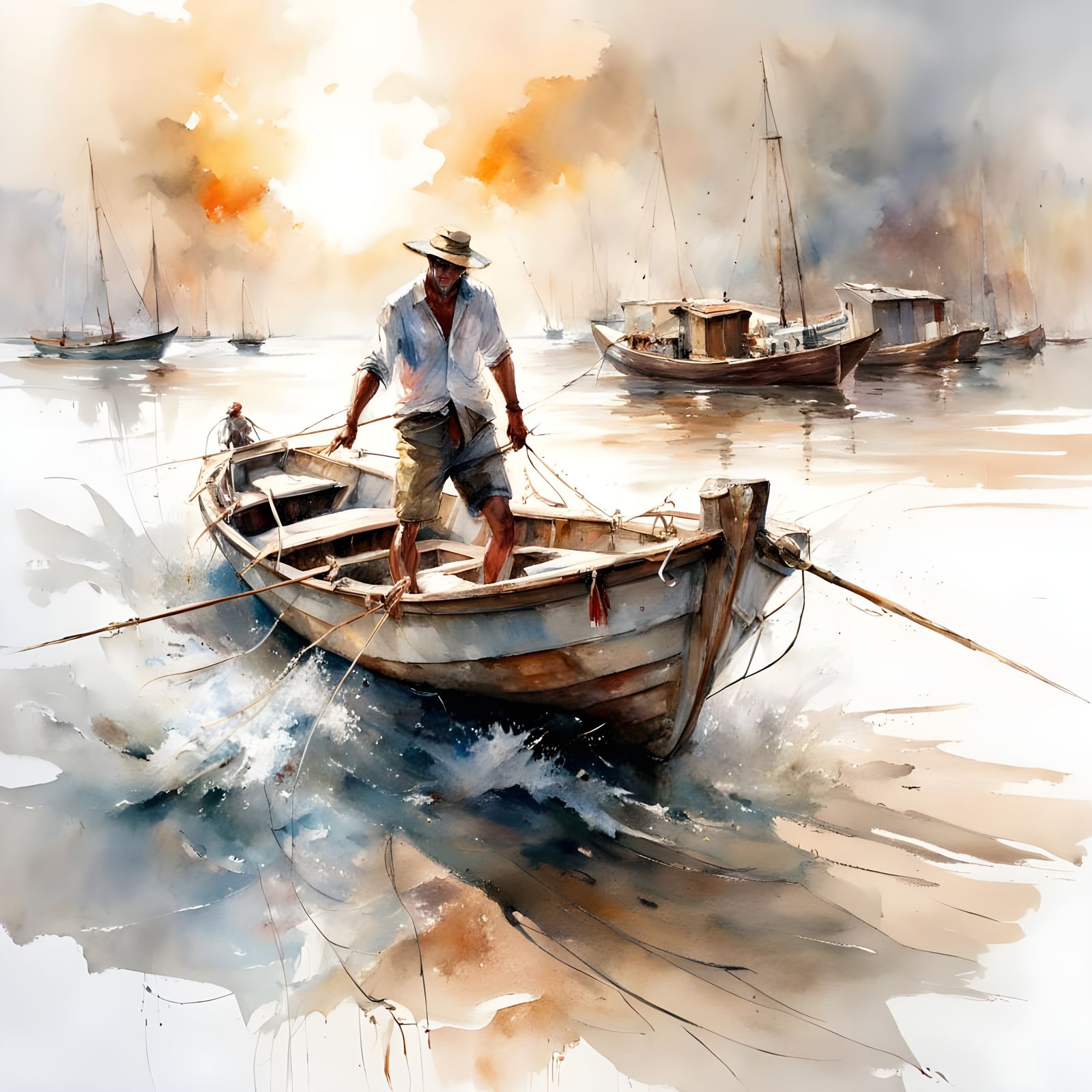 Lone Fisherman Sailing Sun-Drenched Boat in Watercolour Styl...