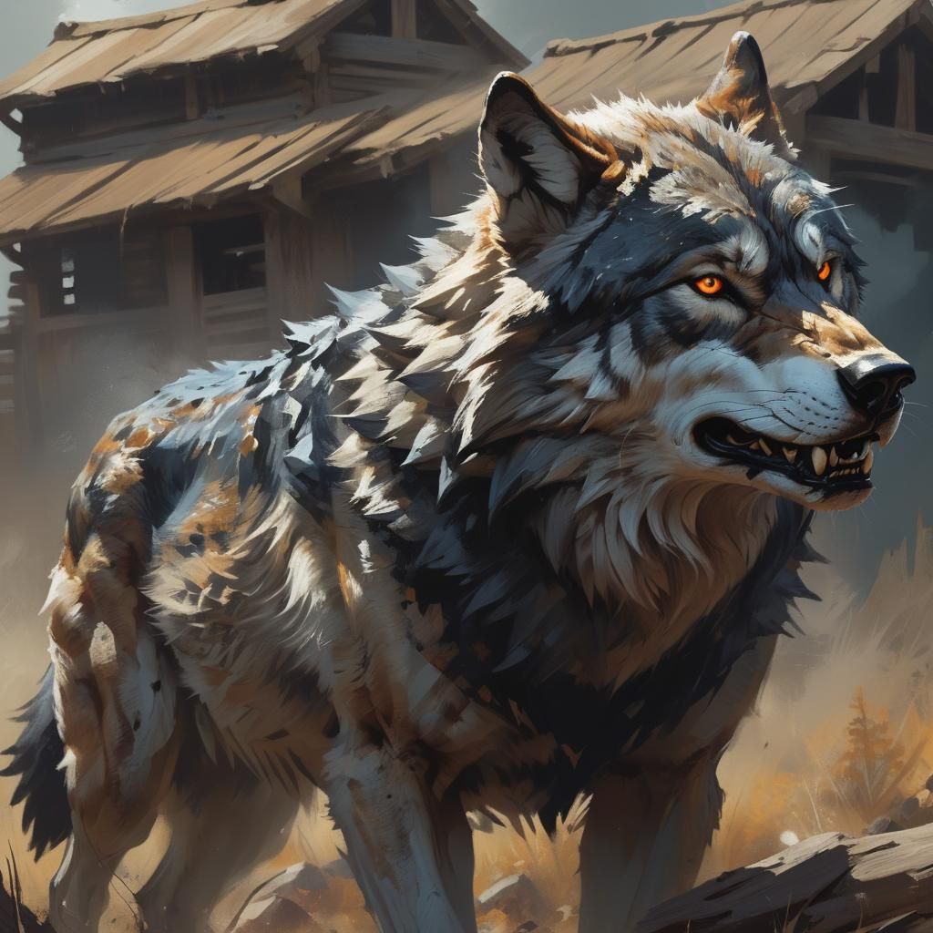 Sinister Powerful Wolf in Dark Fantasy Style