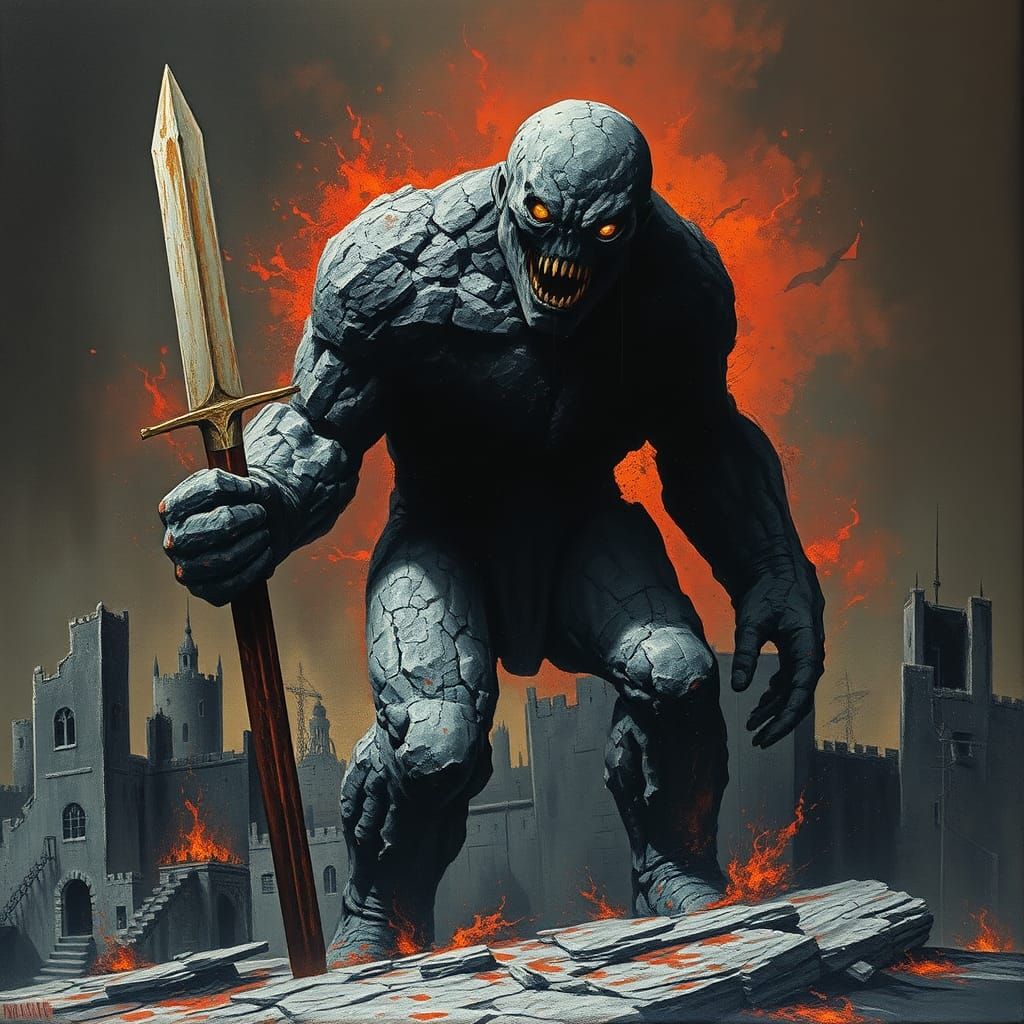 Menacing Stone Golem with Sword in Impasto Style