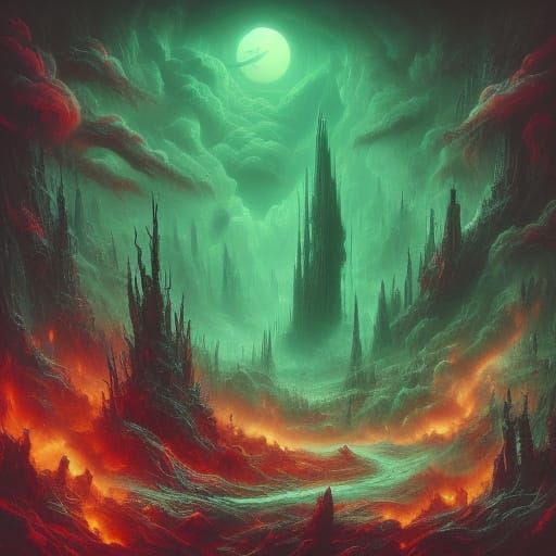 Haunted Forest Village in Beksinski Oil Painting Style