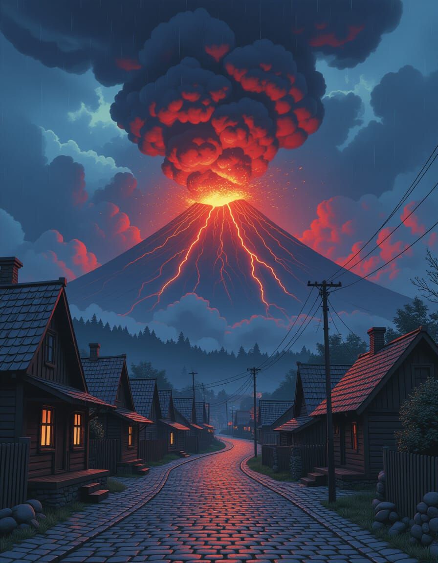 Volcano Eruption over Village in Dramatic Digital Art