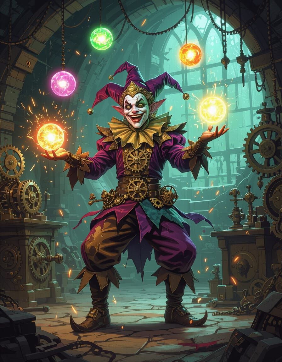Jester Juggles Arcane Orbs in Clockwork Workshop
