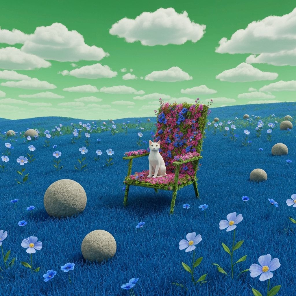 Realistic Landscape with Green Sky and Blue Flowers