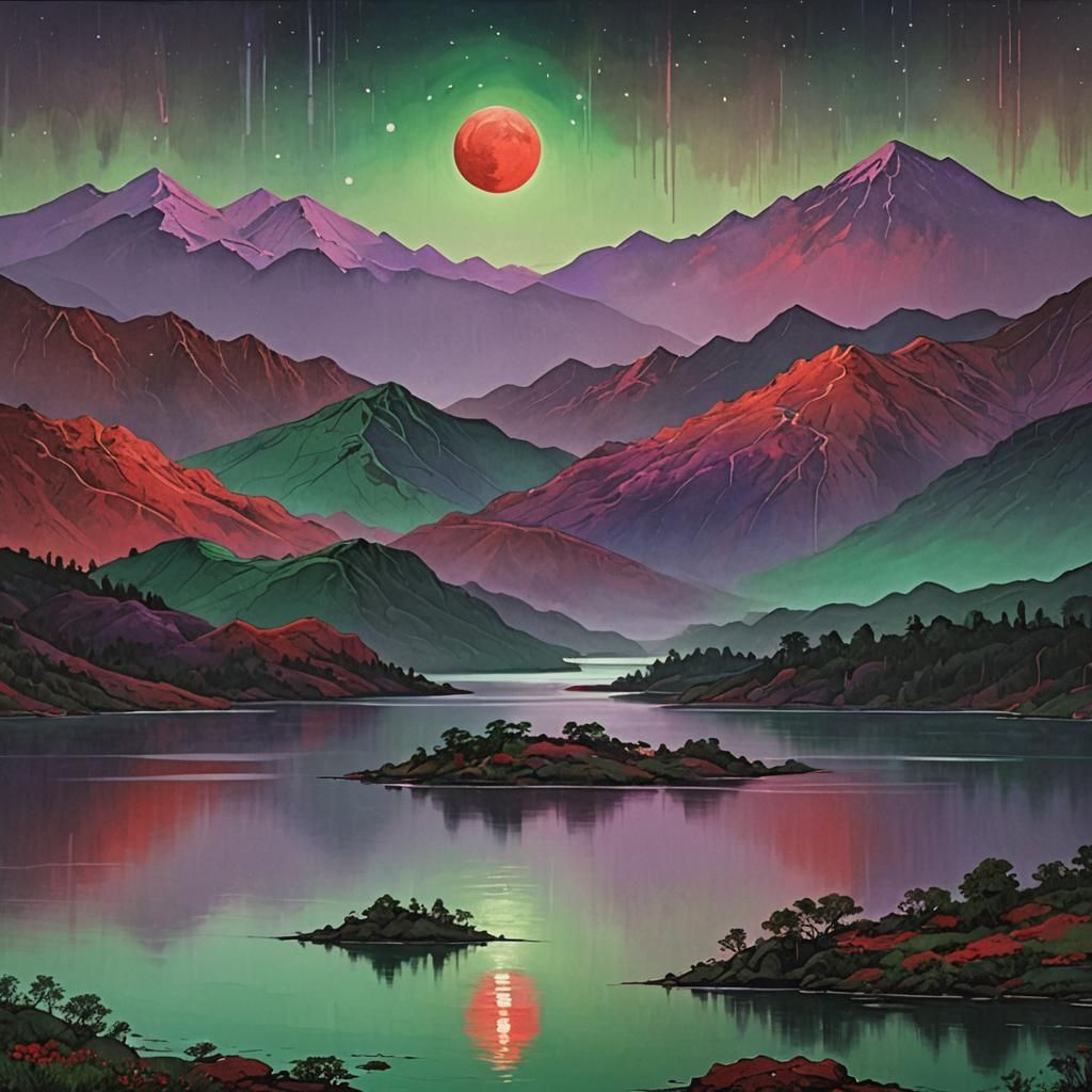 Surreal Landscape with Iridescent Sky and Purple Moon
