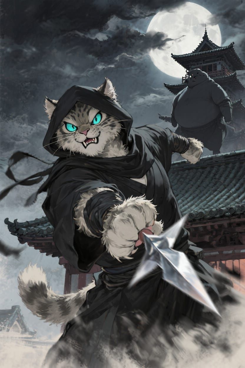 Furry Ninja Lynx Throws Shuriken in Anime Style