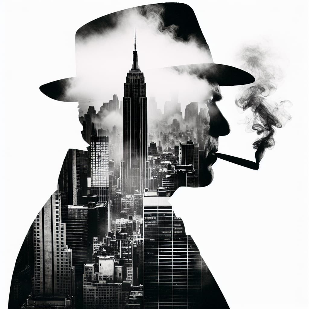 Smoking Man Silhouette with 1945 NYC Skyline