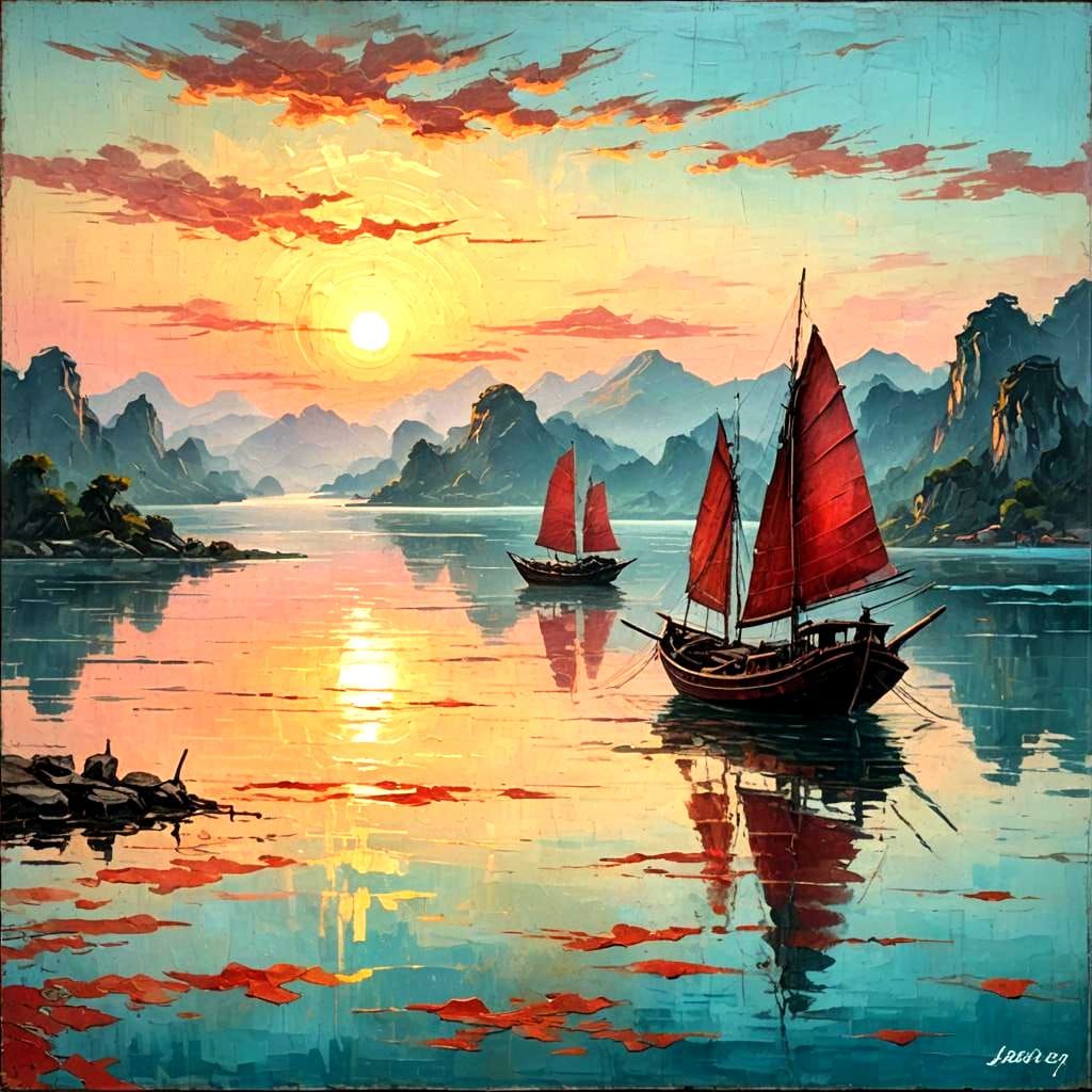 Chinese Sailboat on Lake at Sunset in Impasto Style