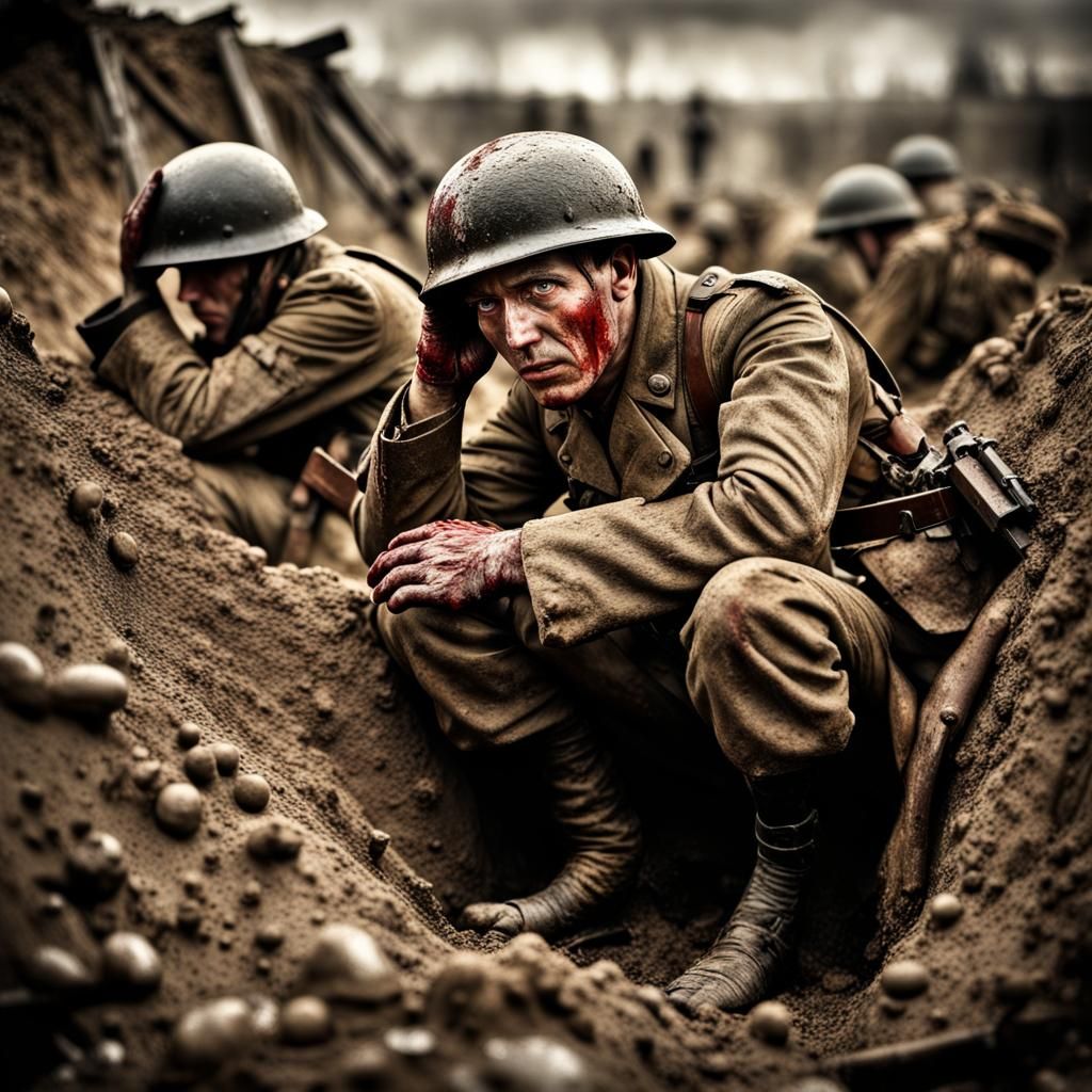 WWI British Soldier in Trench: Hyperrealistic PTSD Portrait