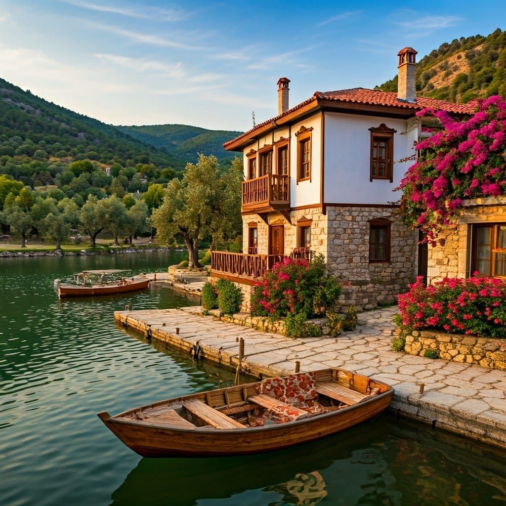 Traditional Turkish Lake House in Lush Valley Landscape