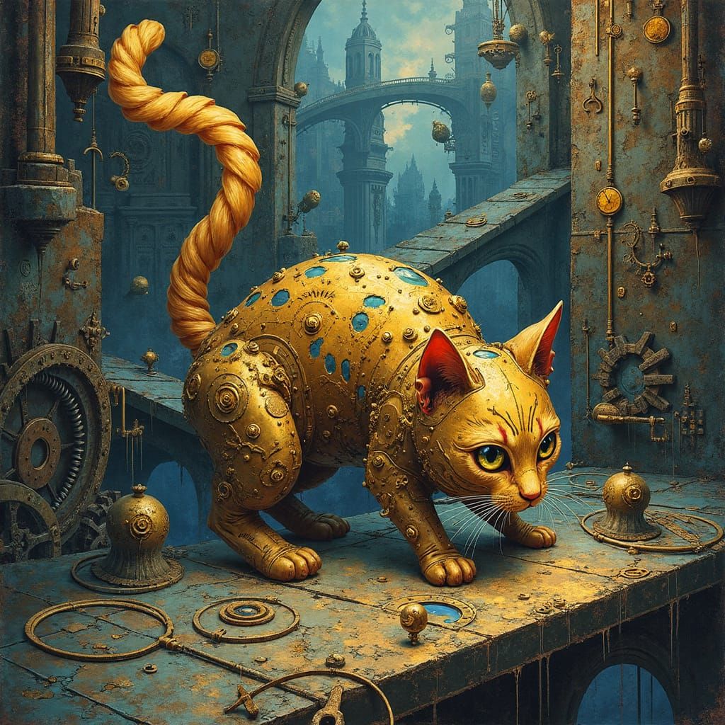 Steampunk Clockwork Cat in Labyrinthine City