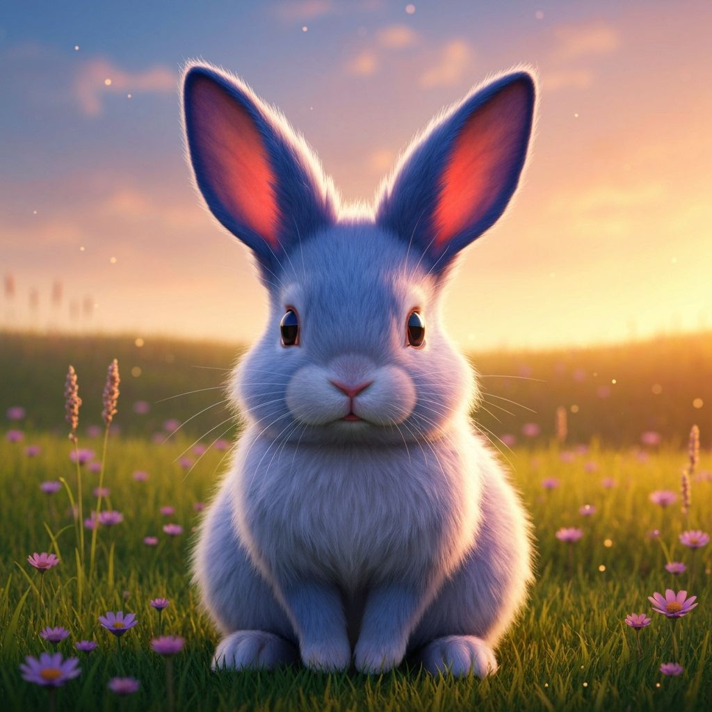 Cute Blue-Eared Rabbit in Meadow, Photorealistic Whimsical L...