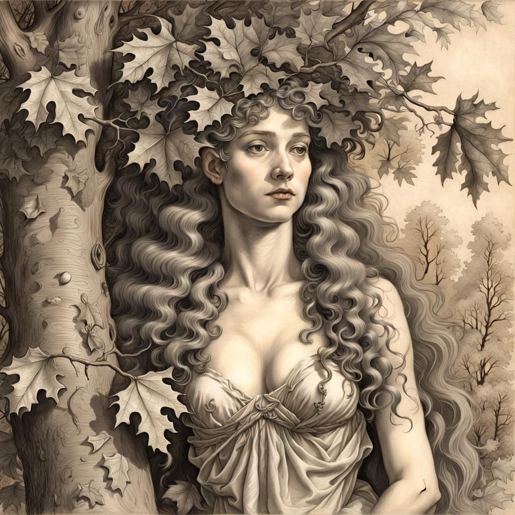 Dryad Emerges From Oak in Charcoal Style