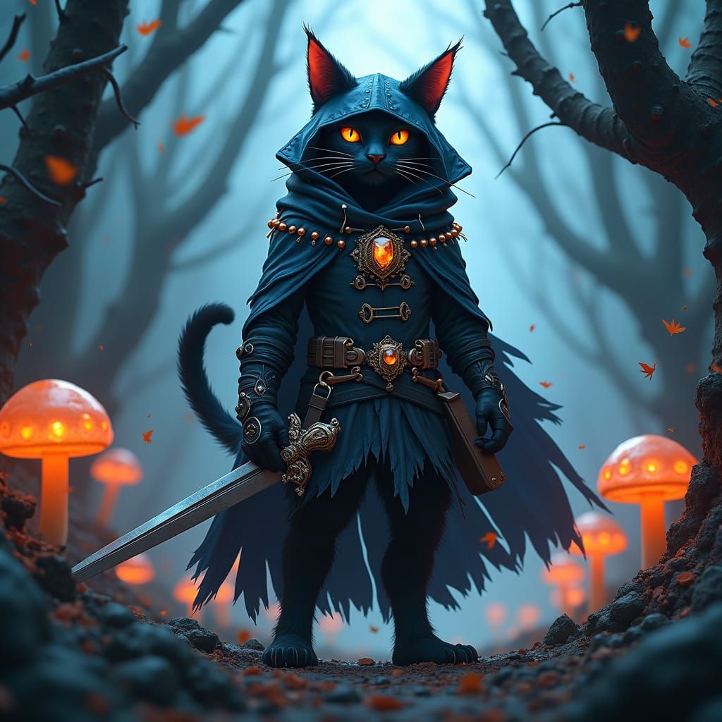 Black Cat Rogue in Eerie Forest, Fantasy Concept Art