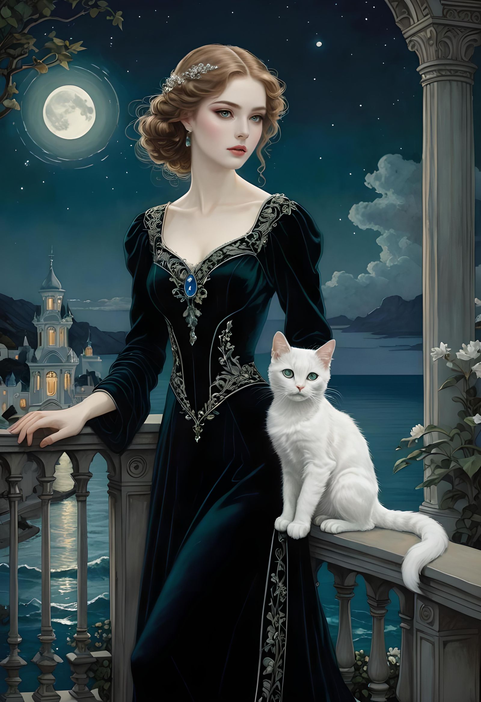 Enchanting Lady with Kitten in Art Nouveau Style