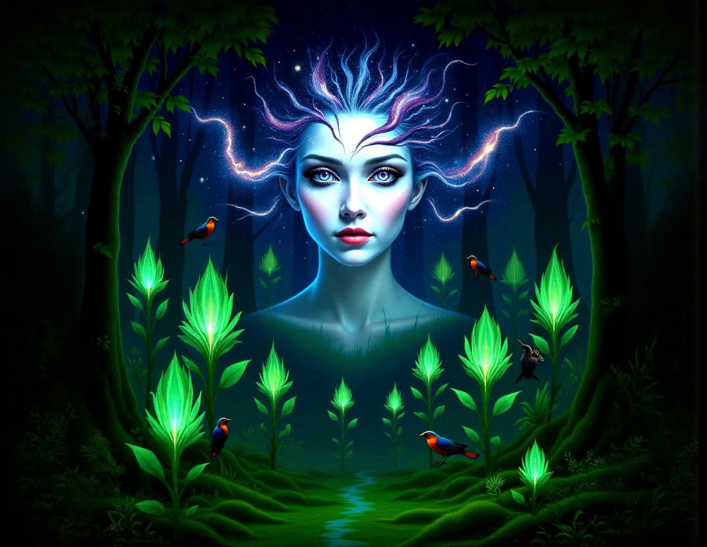 Ghostly Starlight Woman Above Glowing Forest