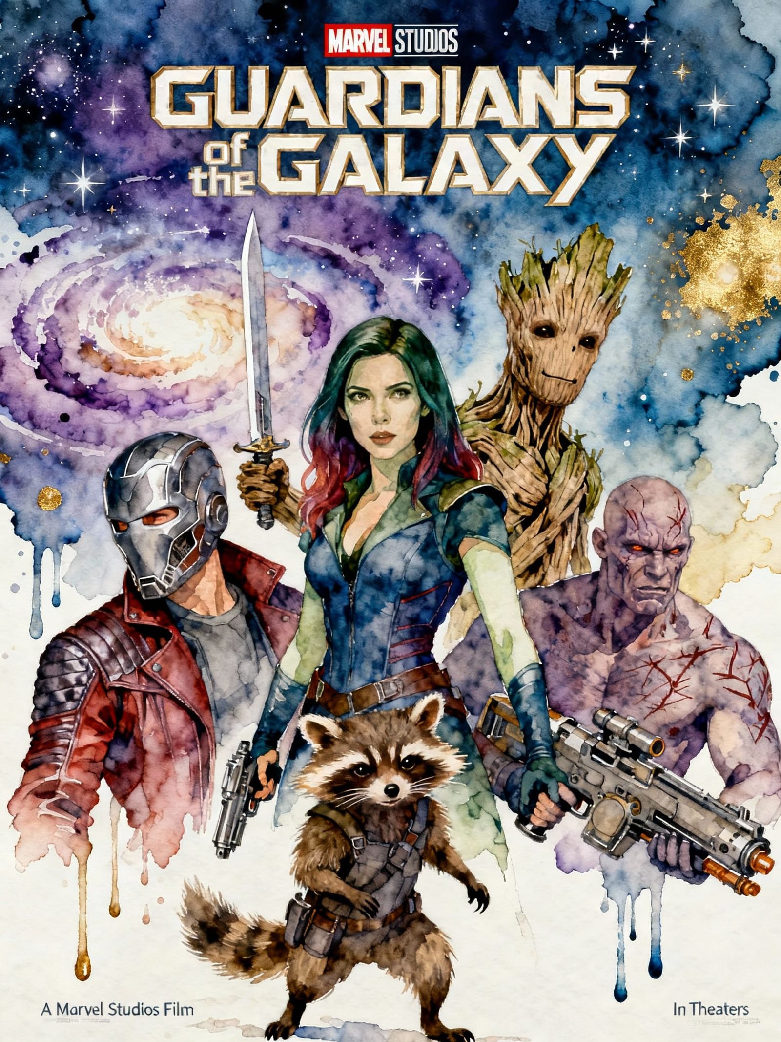 Guardians of the Galaxy Movie Poster in Watercolor Ink Style