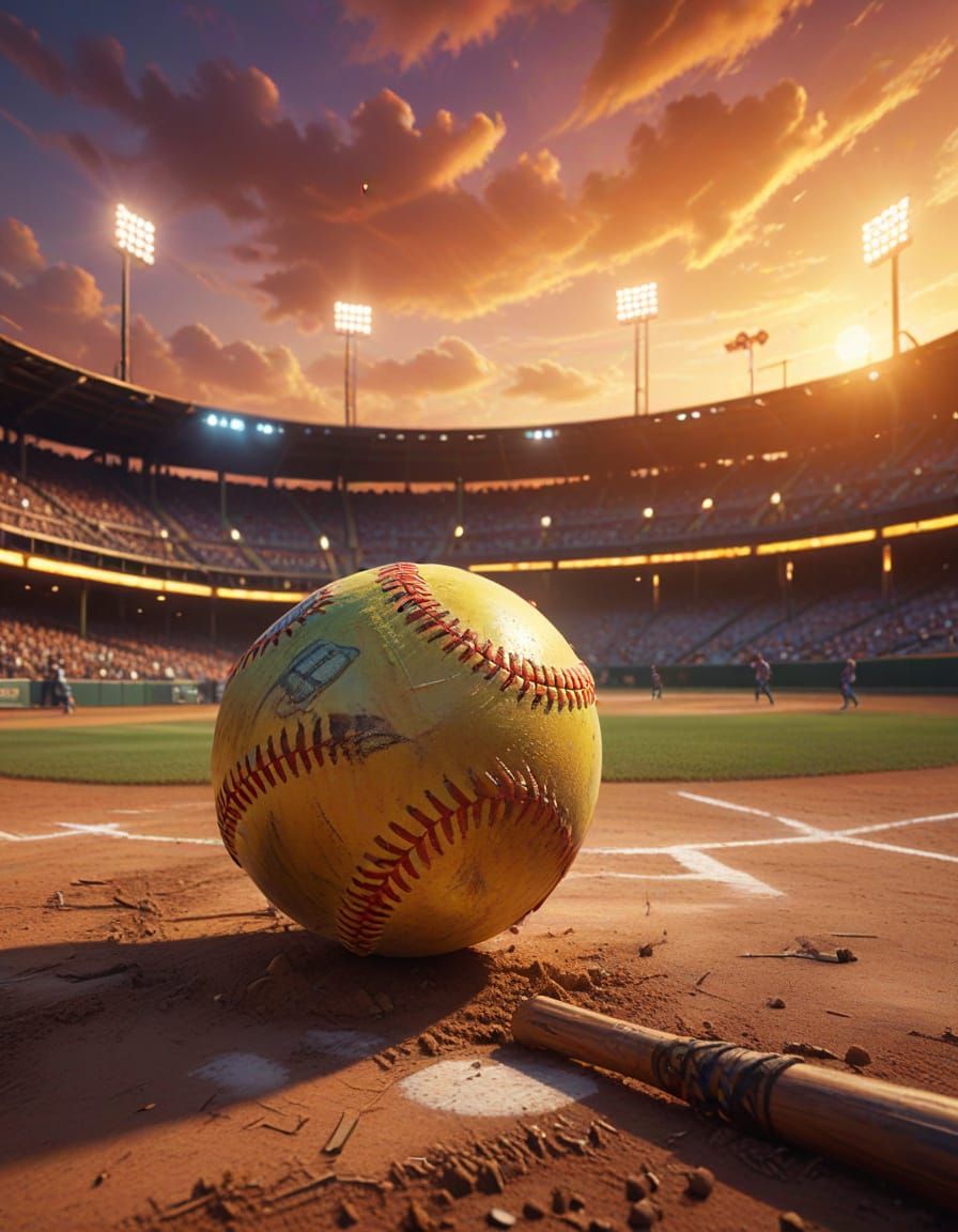 Magical Softball Game at Sunset: Fantasy Oil Painting
