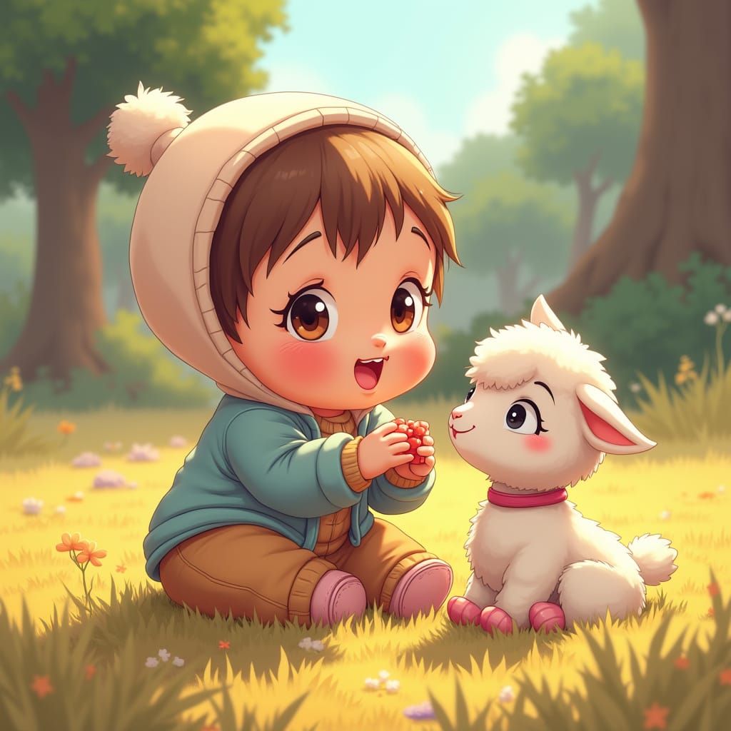 Baby Girl Plays with Alpaca Toy, Manga Style