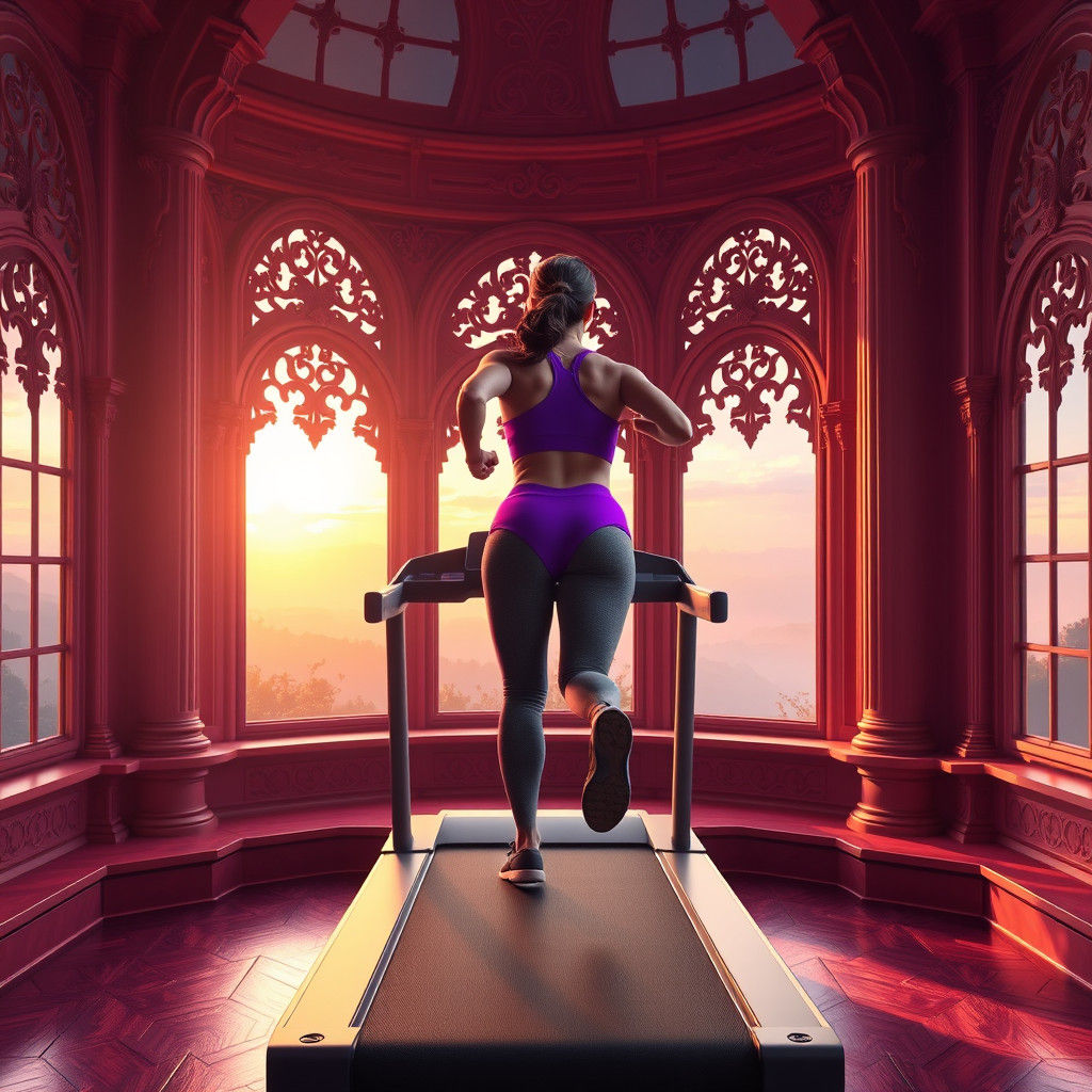 Vibrant Woman Runs on Treadmill in Dreamlike Purple Room wit...