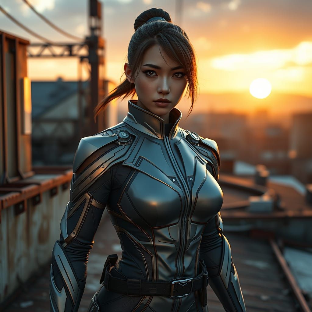 Cyberpunk Japanese Ninja Heroine Dominates Sunset Rooftop