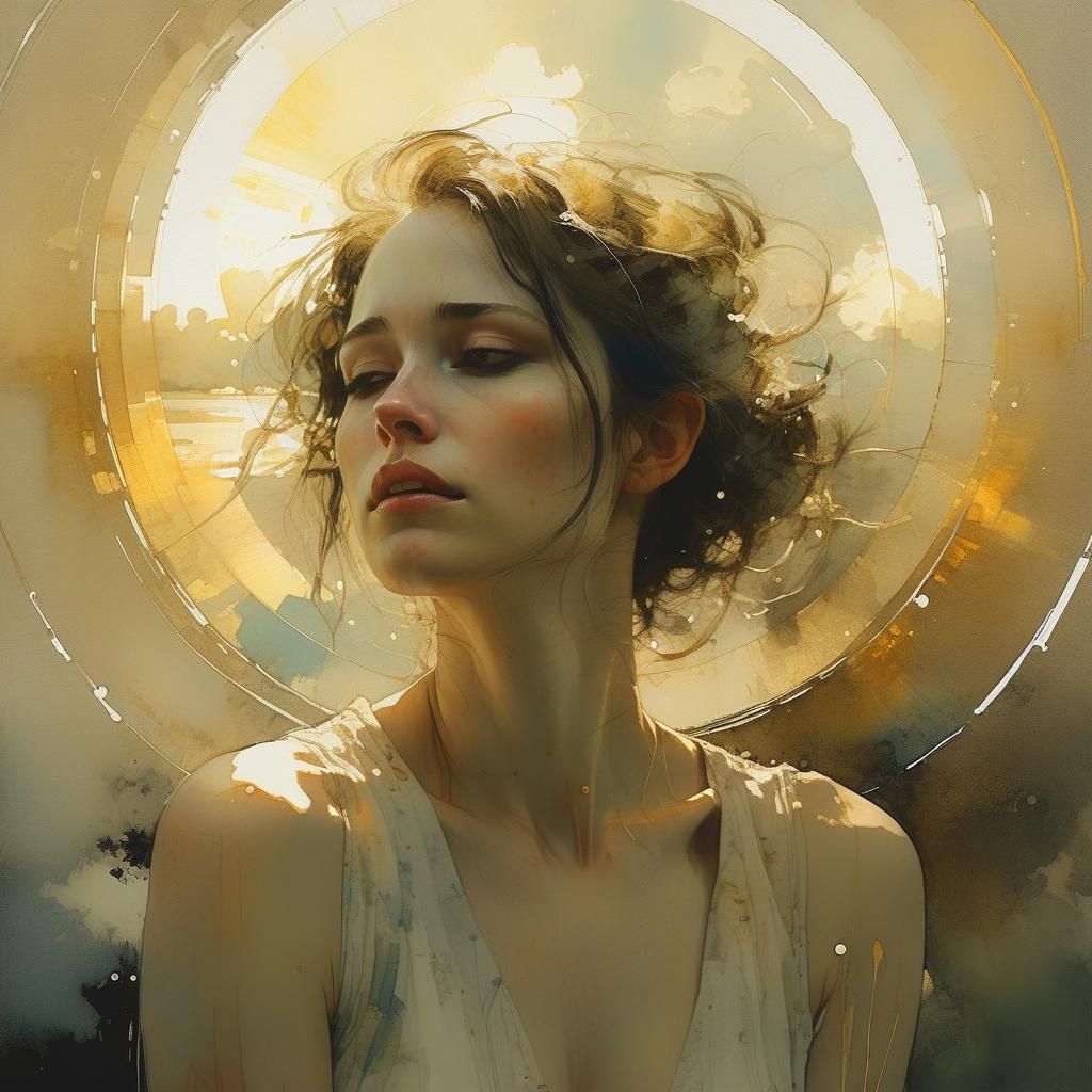 Watercolor Illustration of Woman with Luminous Halo