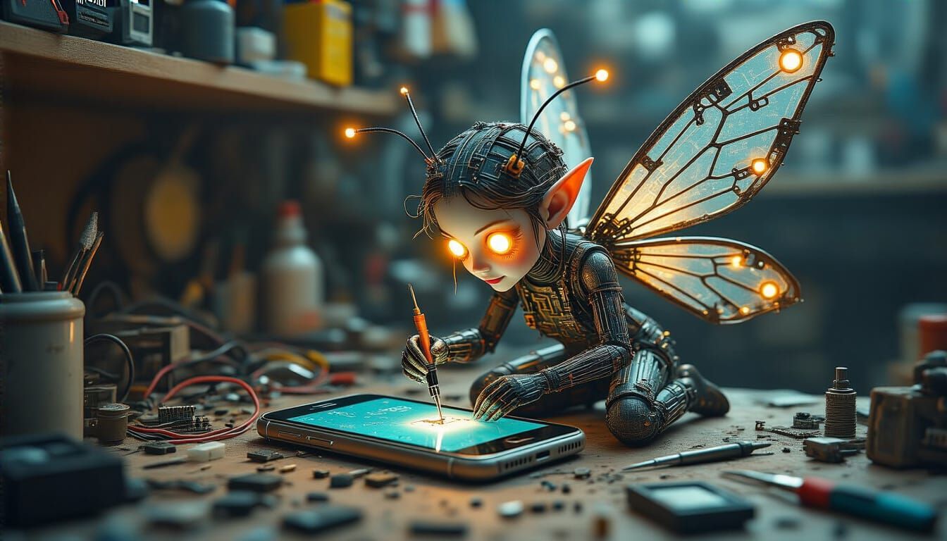 Cyberpunk Mecha Fairy Repairs Smartphone