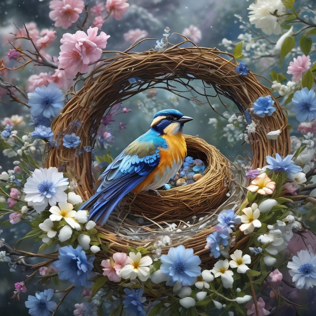 Crowned Bird in Snowy Nest: Digital Art