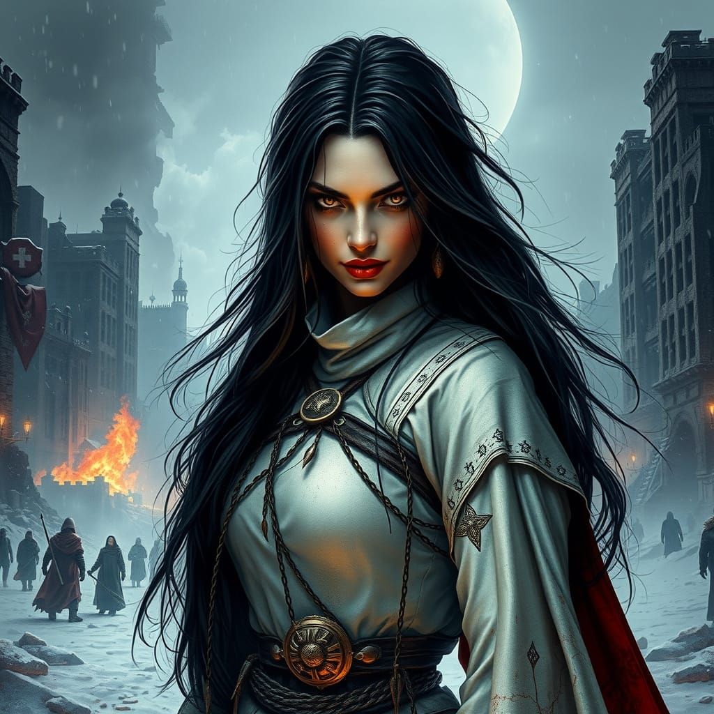 Menacing Woman Warrior in Post-Apocalyptic Winterscape