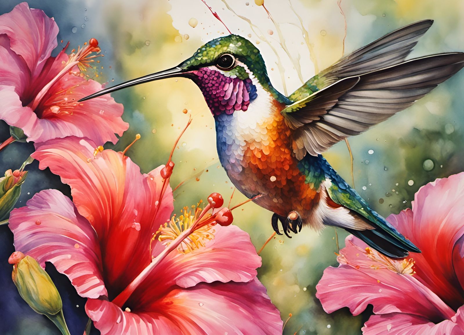 Hummingbird and Hibiscus in Watercolor Style