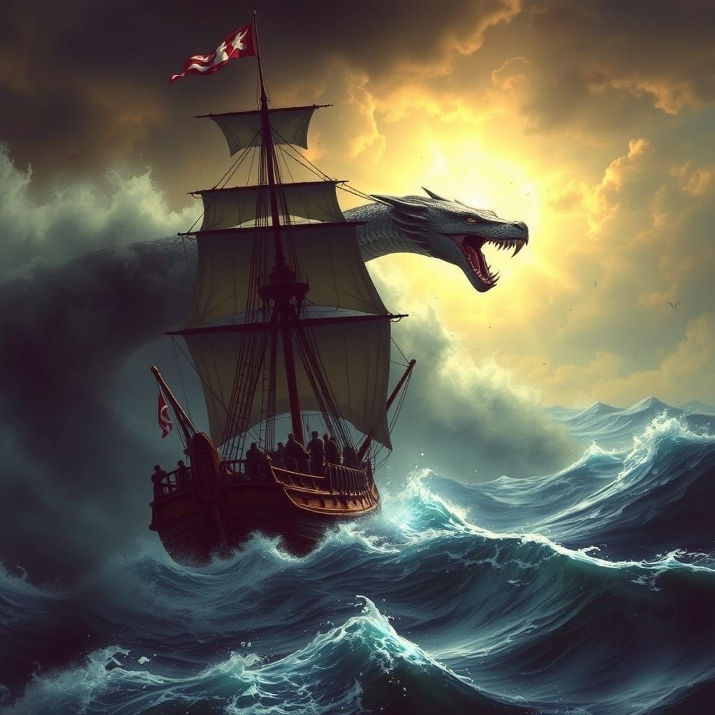 Galleon Attacked by Sea Serpent in Dark Storm