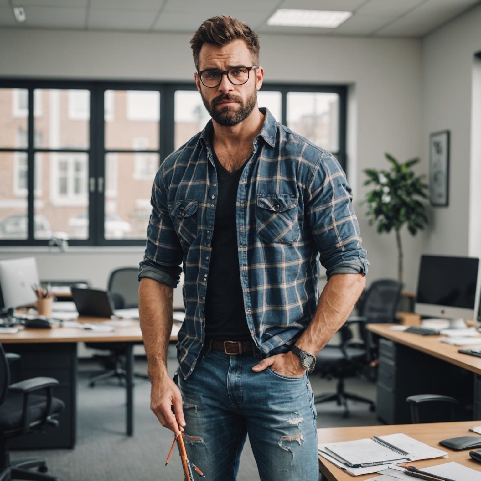 Rugged Man in Office Attire, Wearing Eyeglasses