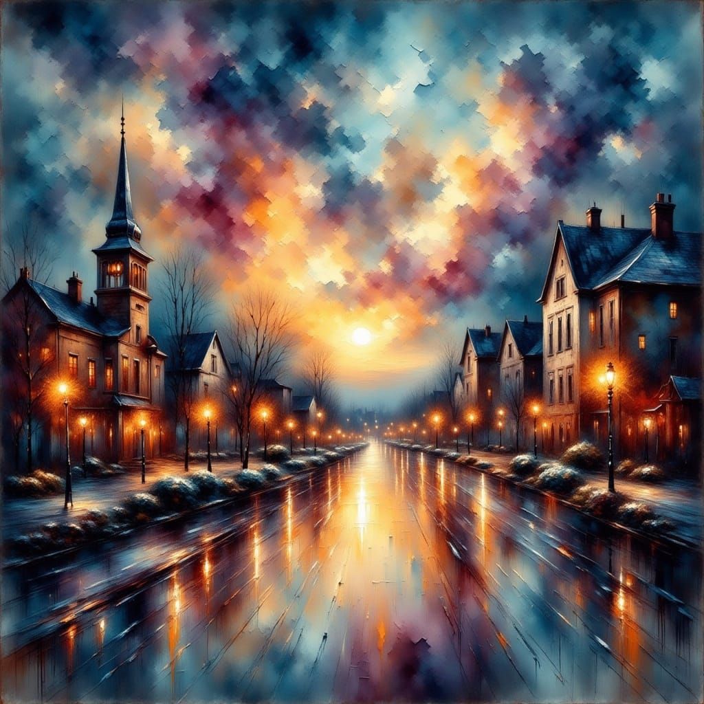 Impressionist Cityscape at Dusk, in Gritty Watercolor Style